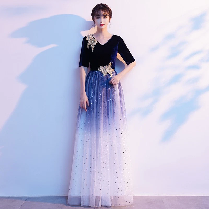 Женщин бархата макси платье шикарный длинным рукавом платье для официальных приемов для сцены или группы мероприятий - Изображение 1 из 1