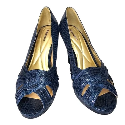 Dressbarn Corey Serpiente Punta Abierta Tacón Talla 10 Verde azulado oscuro Usado en Excelente Condición Foto 1 de 4