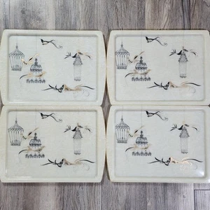 Vintage MCM Serving Trays Fiberglass Set of 4 Gold Black Bird Birdcage 17 X 12 - Picture 1 of 19