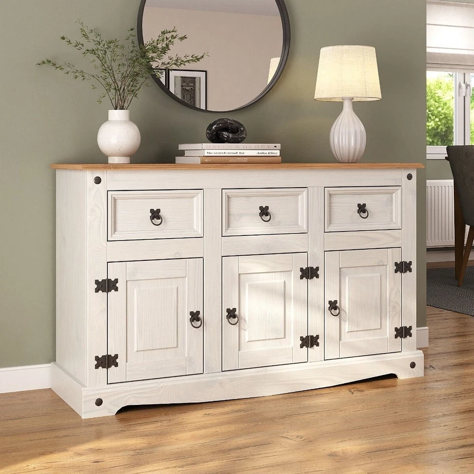 Corona Sideboard White 3 Door 3 Drawer Solid Pine Dining Mexican - Image 1 of 4