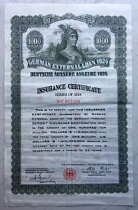 1924 German External Loan Insurance Certificate Series Bond 1000 Imperial Mark - Picture 1 of 8