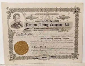 VINTAGE! Puritan Mining Company Aktienzertifikat Idaho Abe Lincoln 1906 - Bild 1 von 2