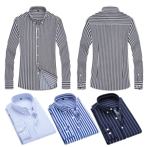 Mens Striped Long Sleeve Dress Shirt Slim Button Up Tops For Office Dinner Party - Picture 1 of 23