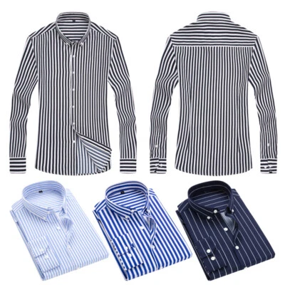 Mens Striped Long Sleeve Dress Shirt Slim Button Up Tops For Office Dinner Party - Image 1 of 4