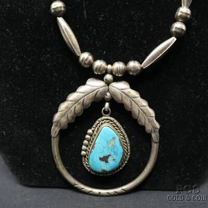 Sterling Silver & Turquoise Navajo Melon Bead Necklace & Pendant 26" 64.2g 23713 - Picture 1 of 6