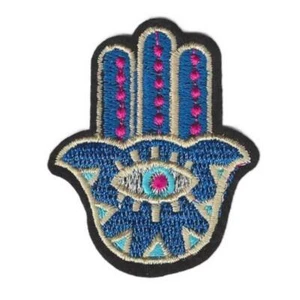 HAMSA HAND IRON ON PATCH 2.25" Evil Eye Fatima Blue Embriodered Applique NEW - Picture 1 of 2