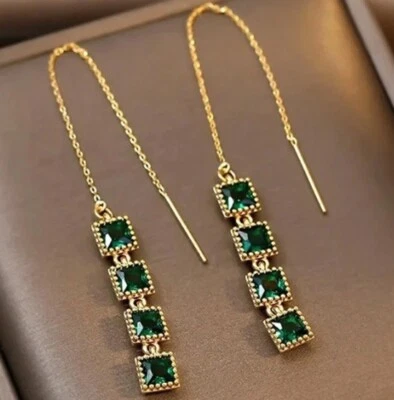 Simulated Princess Green Emerald Threader Drop Women Earrings In 10K Yellow Gold - Image 1 of 4
