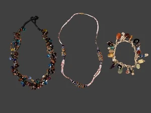 (Bundle) Gem Beaded Chocker, African Trade Necklace & Gem Glass Charm Bracelet - Picture 1 of 10