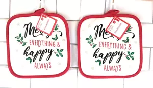 NEW Christmas 2 Oven Mitts Potholders 'Merry Everything & Happy Always' TOWELSet - Picture 1 of 6