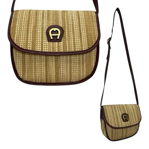 Vintage 70s 80s ETIENNE AIGNER Woven Jute Straw Leather Handbag Saddle Bag EVC - Picture 1 of 23
