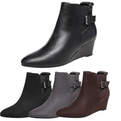 Women Ankle Boots Wedge Heel Booties Almond Toe Side Zipper Booties - Image 1 of 4