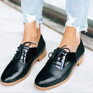 BARED Footwear Brogues Size 38 Duck Black Patent Leather Lace Up Flat Comfort - Picture 1 of 15