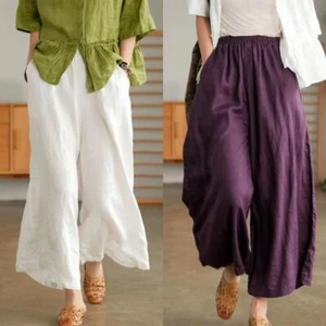 Summer Women Retro Loose Linen Wide Leg Comfortable Casual Straight Leg Pants - Picture 1 of 29