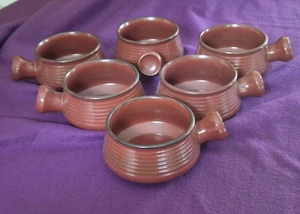 6 French Brown Farmhouse Rustic Style Heavy Soup Bowls with Knob Handles 7x13cm - Picture 1 of 8