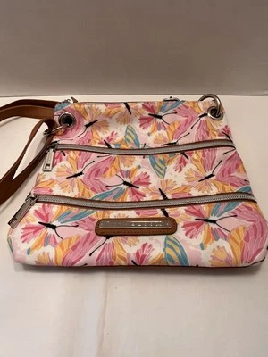 Lily Bloom  Triple Zipper Crossbody Bag Purse Pink Butterflies Tan Vegan Leather - Image 1 of 4