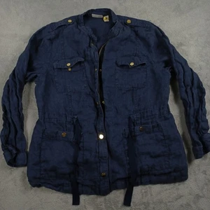 Chicos Jacket Womens 3 Blue Linen Utility Cargo Safari Military Button Up Coat - Picture 1 of 8