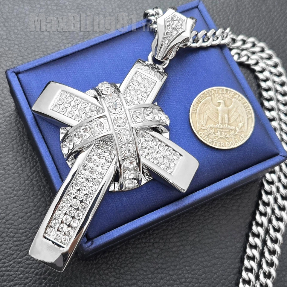 Large Cross Hip Hop Iced CZ Silver PT Pendant & 6mm 24" 30" Cuban Chain Necklace - Изображение 1 из 1