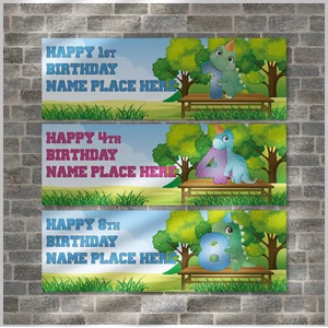 2 PERSONALISED HAPPY BIRTHDAY CUTE DINOSAUR BANNERS- AGES 1 - 9 YEARS - BOY/GIRL - Picture 1 of 19