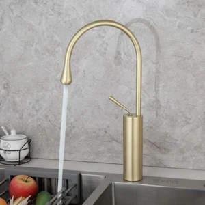 Grifo mezclador fregadero cocina lavabo de oro cepillado manija individual/grifos orificios - Imagen 1 de 11