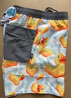 NEW Neff Board Shorts Mens Small or Medium Yellow Ducks Tropical Frogs ~ Unlined - Image 1 of 4