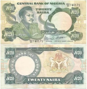 1984-2000 NIGERIA CRISPY 20 NAIRA NOTA GRANDI LETTERE TIPO PRESIDENTE ASSASSINATO - Foto 1 di 3