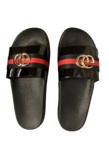 WOMENS LADIES FLAT STRIPED SLIDERS SUMMER SLIP ON MULES SLIPPERS SANDALS SHOES - Picture 1 of 2