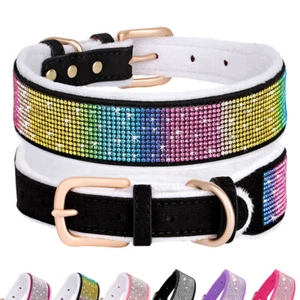 Collar ancho de gamuza de cuero para mascotas con diamantes de imitación Bling acolchado polar suave - Imagen 1 de 13