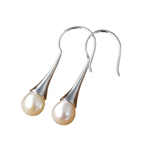 Drop White freshwater Pearl High luster S925 Sterling Silver Earring Dangle E90 - Picture 1 of 12