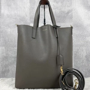 Saint Laurent Leather 2-way Shoulder Bag Shopping Gray Tote Bag With Charm Logo - Picture 1 of 10