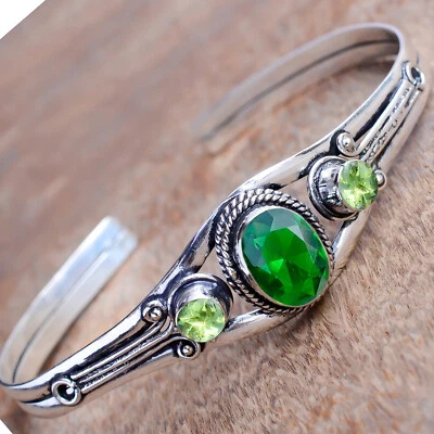 Chrome Diopside, Peridot Cut 925 Sterling Silver Cuff Man's Festival Bracelet - Image 1 of 4