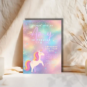 Personalisierte Geburtstag Party Einladungen Regenbogen Einhorn Mädchen Kinder Party Einladungen - Bild 1 von 6