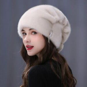 Women's Luxury Real Mink Fur Hat Winter Warm Beret  Cap Beanies Outdoor Ski Hat