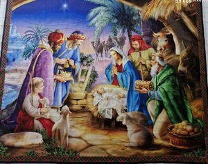 New - 100% Cotton Fabric Panel Christmas Nativity Scene L 112 cm x W 92 cm - Picture 1 of 2