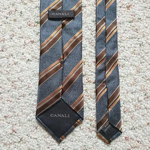 Canali Neck Tie Jacquard Striped Paisley Design Gray Brown Silk Made In Italy - Picture 1 of 8