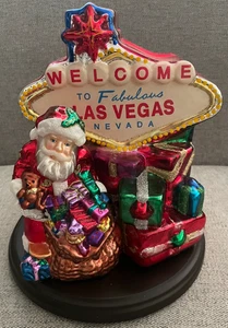 Welcome to Fabulous Las Vegas Nevada Sign Wood Base Glass Santa Claus Christmas - Picture 1 of 6