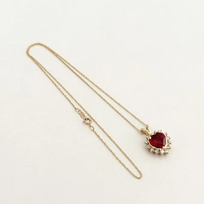 Clyde Duneier Designer 10K Solid Yellow Gold Lab Ruby & CZ Heart Necklace 16" - Image 1 of 4