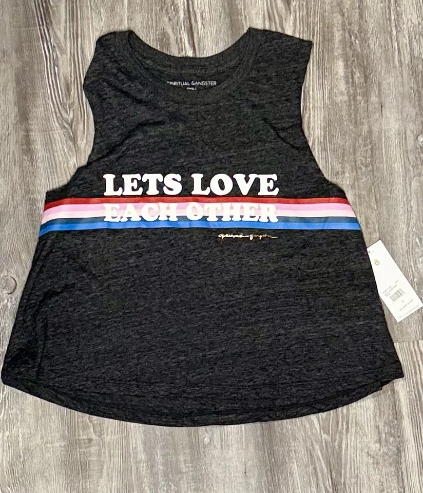 Regata SPIRITUAL GANGSTER cropped pequena cinza escuro gráfico “Vamos amar uns aos outros” - Imagem 1 de 1