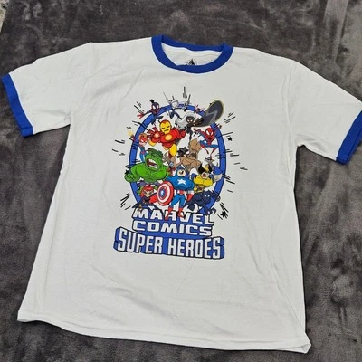 NWOT Marvel Comics Super Heroes Graphic T-Shirt White Blue Ringer Youth Medium - Image 1 of 4