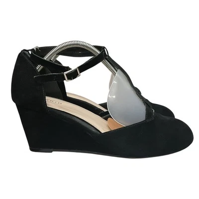 Sandalias de cuña con plataforma de moda Mary Jane Mini T-Bar de cuero negro tórrido talla 12W Foto 1 de 4