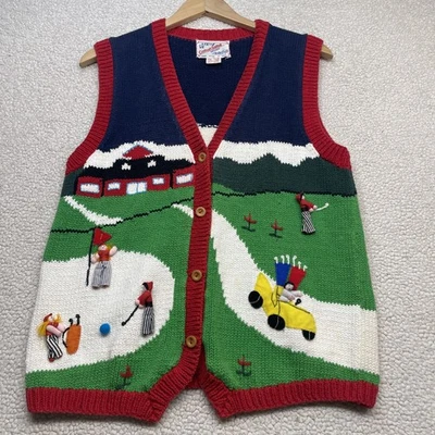 Cotton Salsa Golf Sweater Vest Handmade Peru Vtg Size L Women's - Image 1 of 4