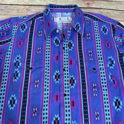 80's H Bar C Western USA Made Shirt Mens 16/34 Geometric Cowboy Aztec Foto 1 de 4