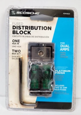 Scosche PDM482 Fused Distribution Block for Dual Amps, 2 Output, Platinum Finish - Image 1 of 4