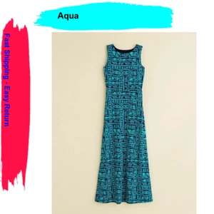 Aqua Girl's Tribal Print Navy & Green Sleeveless Maxi Dress, Size Medium - Picture 1 of 1