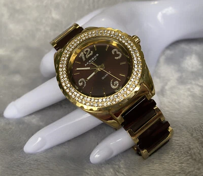 Relógio feminino Akribos XXIV dourado pavê marrom pulseira cerâmica quartzo analógico - Imagem 1 de 4