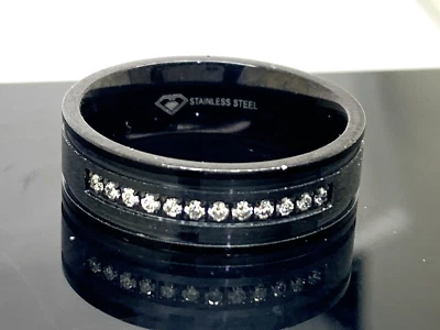 Men's Wedding Band Black Stainless Steel Diamond 7mm Wide Ring Size 8.25 - Image 1 of 4