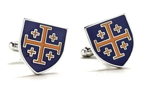 Royal Crusaders Shield Cufflinks Jerusalem Cross Cuffs Purple and Gold Enamel - Picture 1 of 8