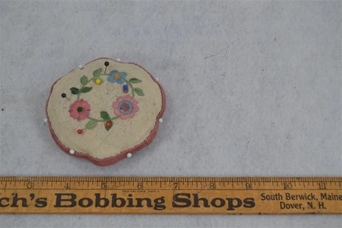sewing pin cushion embroidered flowers linen cotton 3.25 original antique Cover