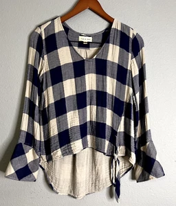 Cloth & Stone Anthropologie Womens XS Blue Checked Bell SL Tunic Boho Peasant - Picture 1 of 12