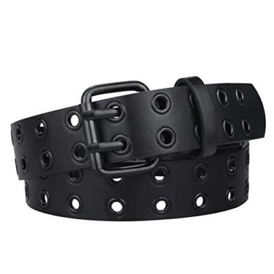 Grommet Leather Belts for Women, Black Belt Women Men with Double Holes Top - Image 1 of 4