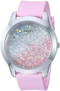 GUESS Damenuhr silberfarbene Swarovski Kristalle und rosa Silikon U1223L1 - Bild 1 von 4